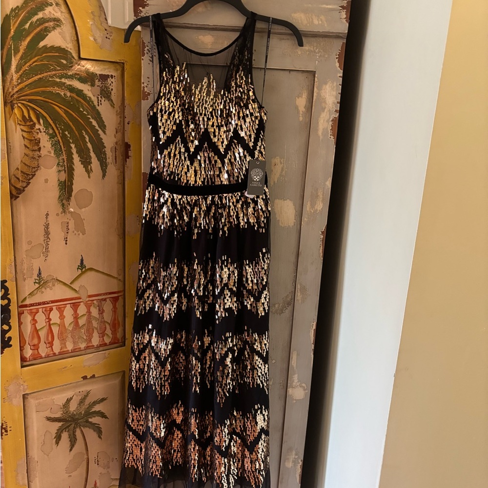 Vince Camuto Black and Gold Maxi Dress